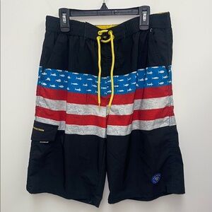 Men's Black Swim Shorts with Red, Blue, and Gray Stripes